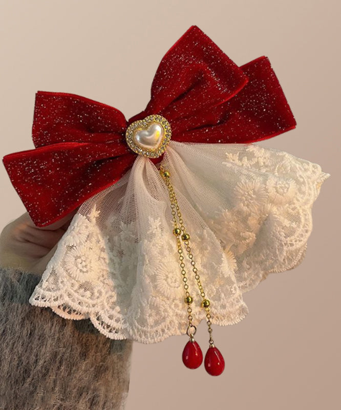 Tassel Alloy Crystal Hairpin Classy Red Love Bow