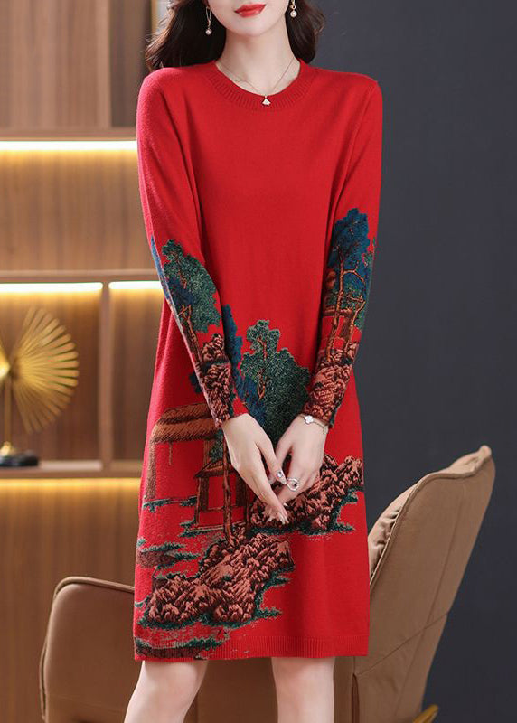 Classy Red O Neck Print Cozy Wool Knit Dress Spring TB017
