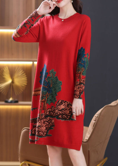 Classy Red O Neck Print Cozy Wool Knit Dress Spring TB017