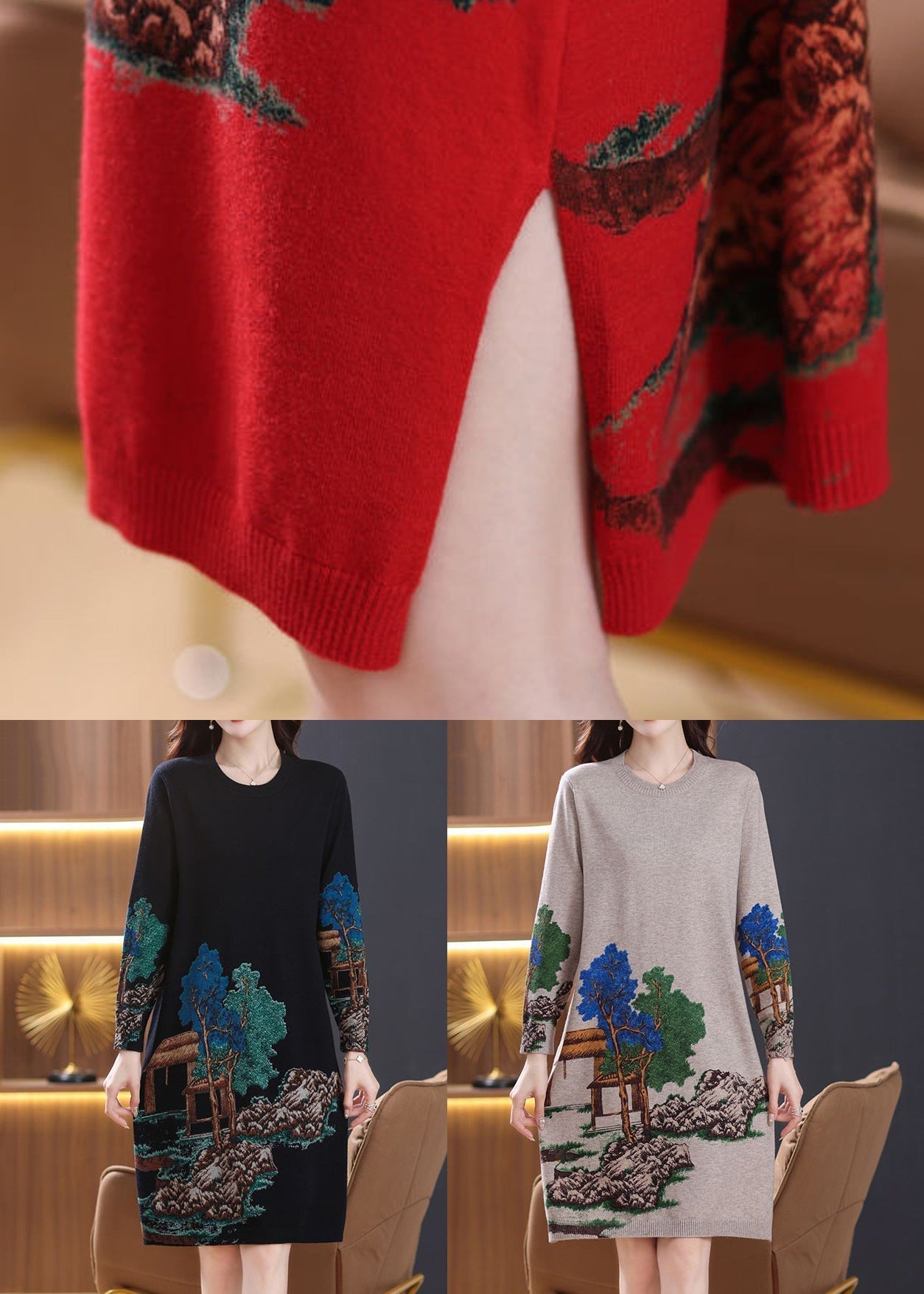 Classy Red O Neck Print Cozy Wool Knit Dress Spring TB017