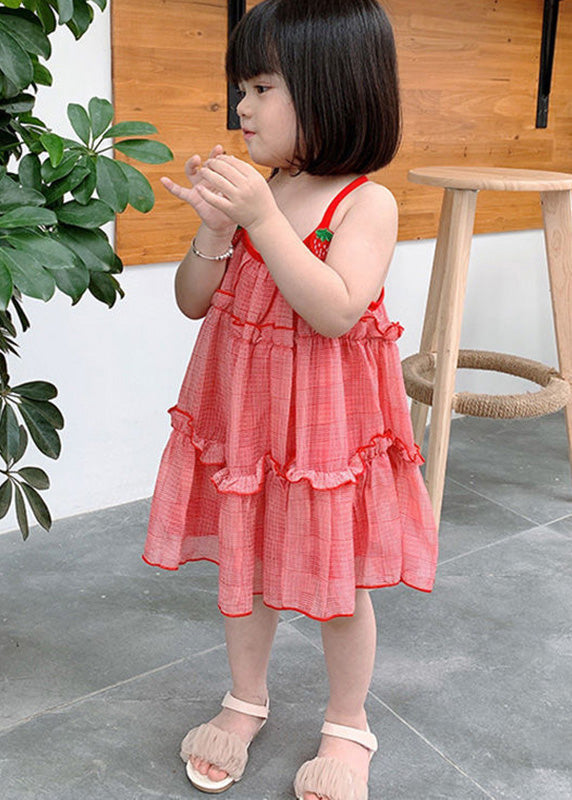 Edle rot karierte Rüschen Patchwork Kinder Chiffon Mädchen Slip Midi Kleid ärmellos GF026