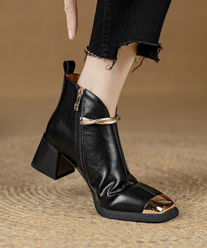 Classy Splicing Chunky Heel Ankle Boots Black Cowhide Leather YR031
