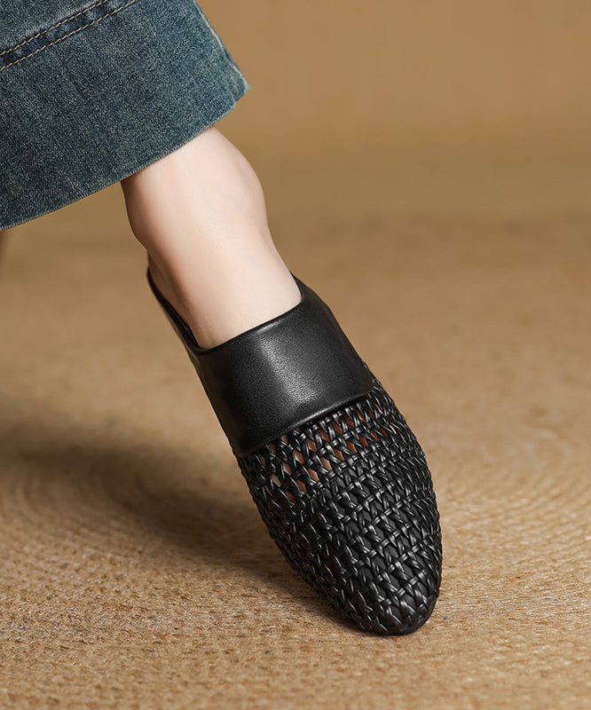 Black Splicing Sheepskin Slide Classy Breathable Out Hollow