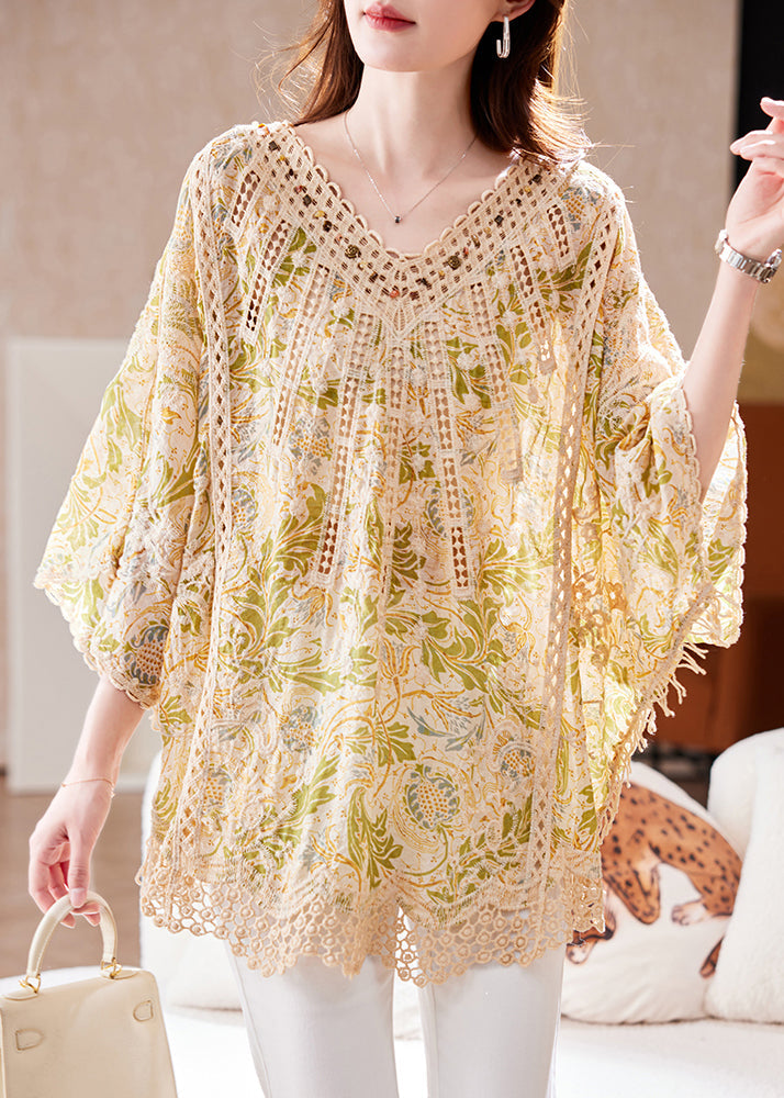 Batwing Print Neck Out Cotton Classy Sleeve Tops Hollow V