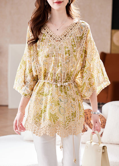 Batwing Print Neck Out Cotton Classy Sleeve Tops Hollow V