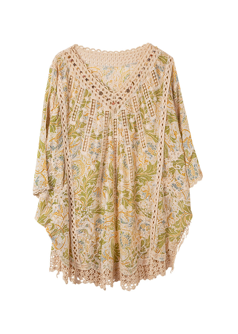 Batwing Print Neck Out Cotton Classy Sleeve Tops Hollow V