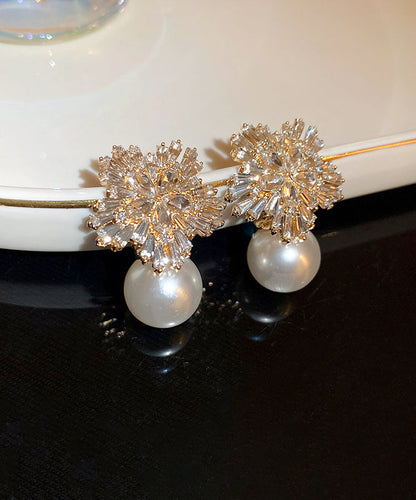 Classy White Alloy Zircon Pearl Snowflake Stud Earrings WI009