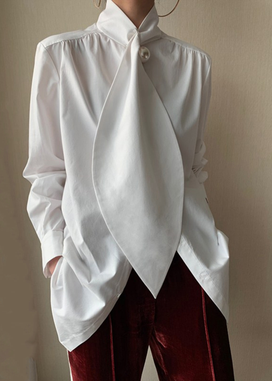 Cotton White Bow Patchwork Classy Shirts Spring