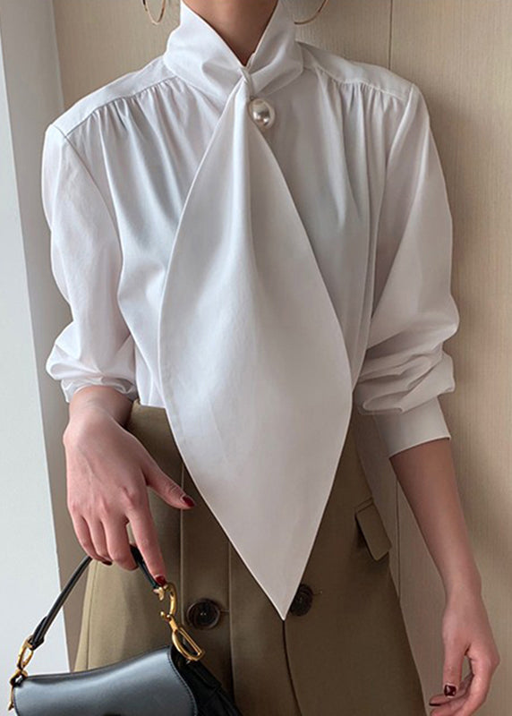 Bow Patchwork Spring Classy Shirts Cotton White
