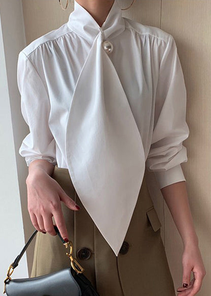 Bow Patchwork Spring Classy Shirts Cotton White