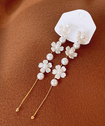 Earrings Pearl Drop Copper White Floral Classy Tassel