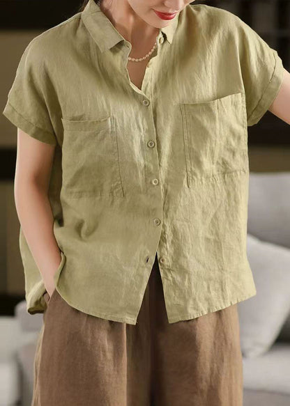 Classy Peter Shirt Linen Summer Collar White Pan Pockets Top