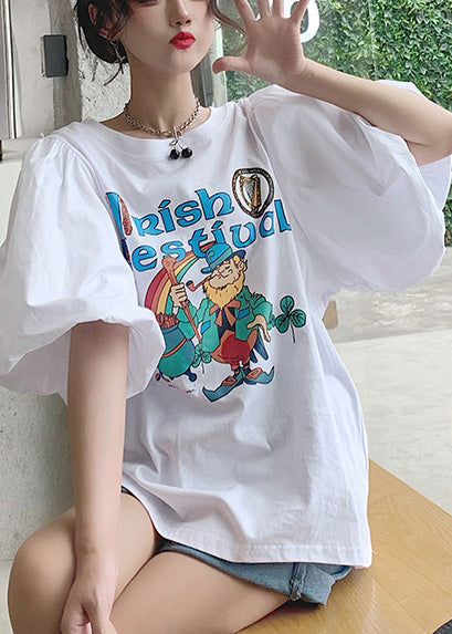 Classy Summer Cotton Sleeve Puff Tanks Print White