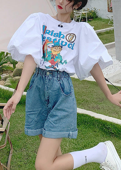 Classy Summer Cotton Sleeve Puff Tanks Print White