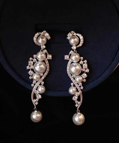 Stergild White Silver Classy Zircon Earrings Drop Pearl