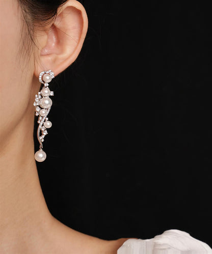 Stergild White Silver Classy Zircon Earrings Drop Pearl