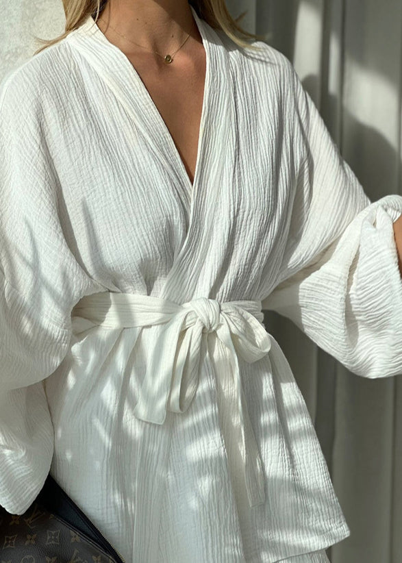 Tie Sleeve 2 Piece Cotton White Lantern Waist Outfit Classy