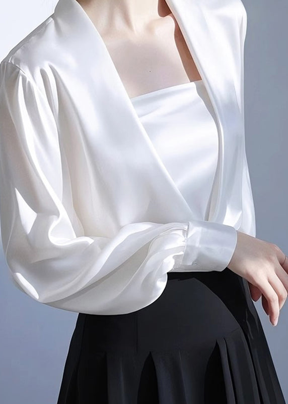 Neck Spring White V Shirt Satin Solid Classy