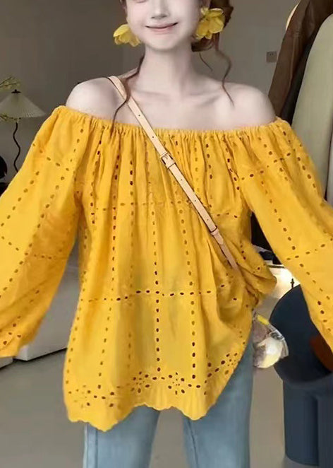 Cotton Out Shoulder Summer Shirt Yellow Hollow Classy Cold