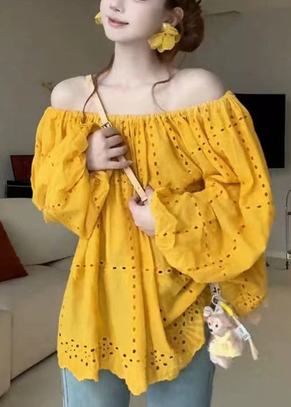 Cotton Out Shoulder Summer Shirt Yellow Hollow Classy Cold