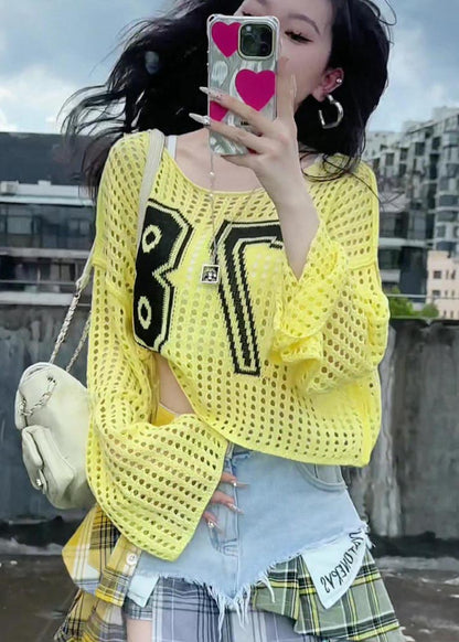 Embroidered Hollow Classy Summer Tops Out Yellow Knit