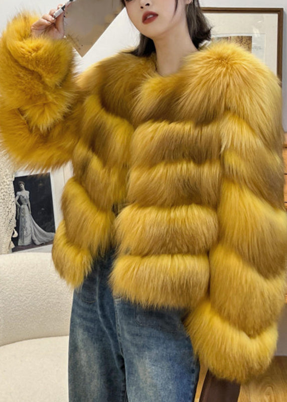 Classy Yellow Fox Collar Leather And Fur Coats Winter WZ020