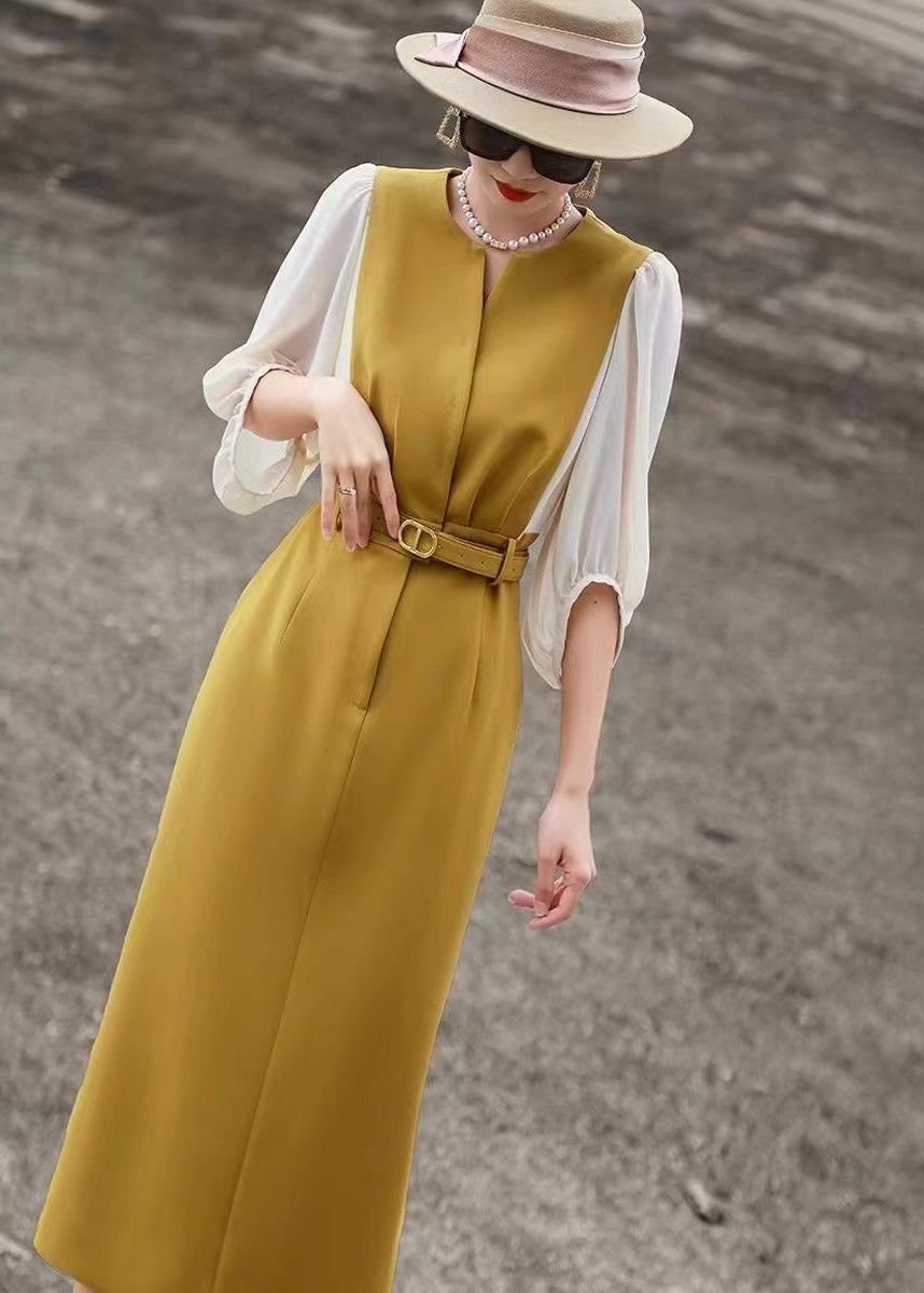 classy yellow dress Classy Yellow O Neck Tie Waist Cotton Dress Bracelet Sleeve EE1020 – Gemi Glitz