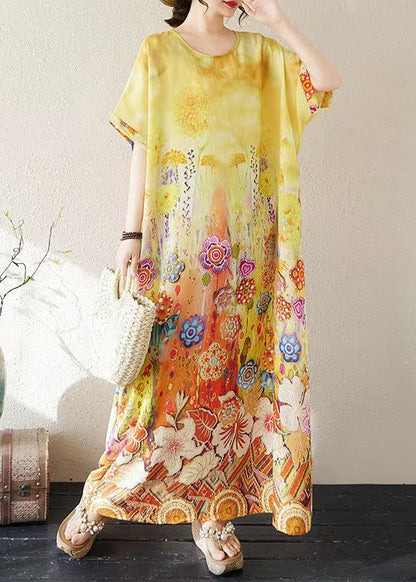 Summer Beach Yellow Classy Print Oversized Dresses Cotton