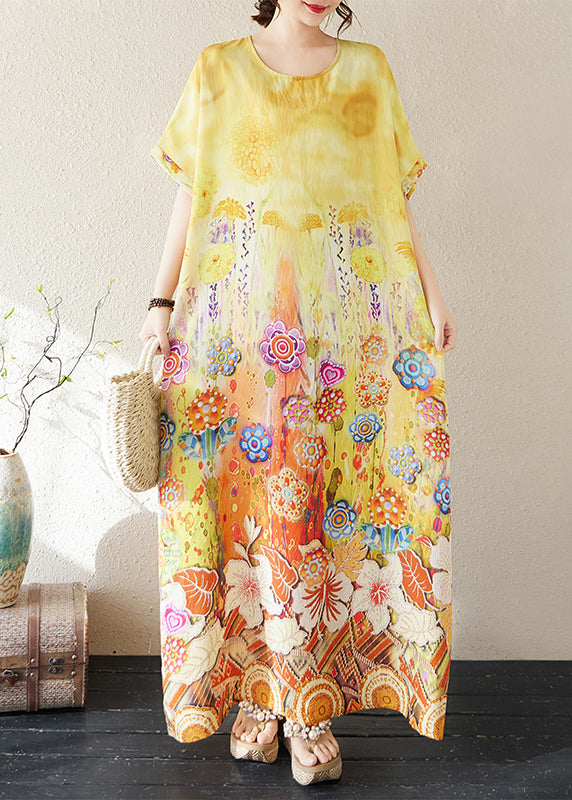 Summer Beach Yellow Classy Print Oversized Dresses Cotton