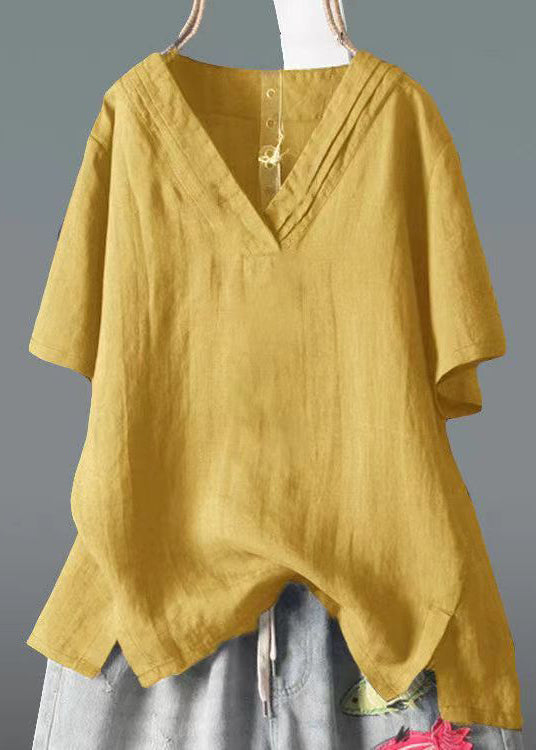 Side Classy Summer V Open Yellow Linen Neck Top Shirt