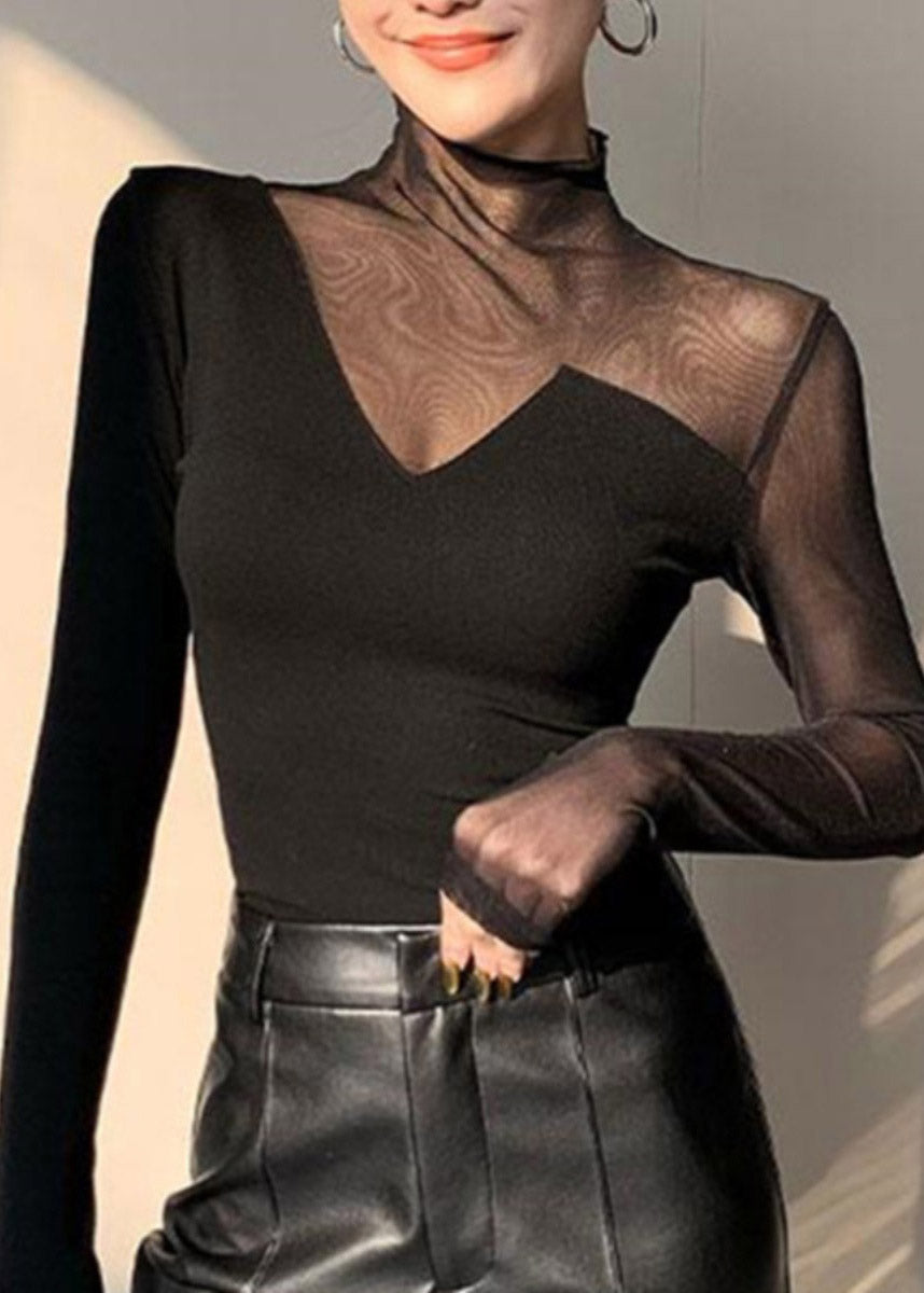 Black Out Club Spring Turtleneck Top Patchwork Hollow Tulle