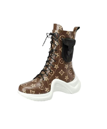 Coffee Boots Platform Cowhide Leather Stylish Splicing Cross Strap WT033