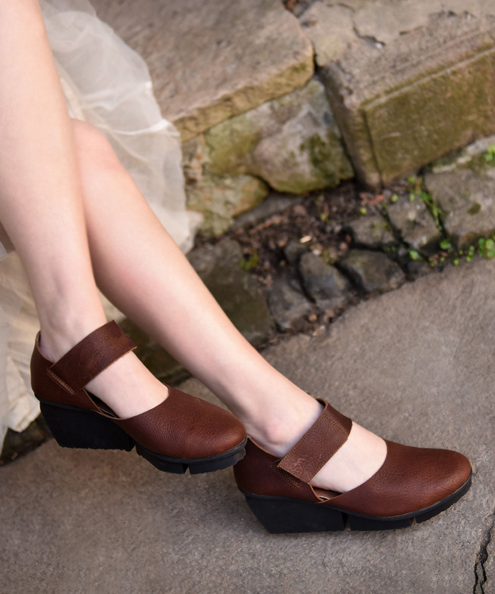 Coffee Heels Strap Buckle Splicing Sandals Leather Cowhide Wedge