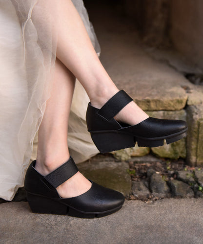 Coffee Heels Strap Buckle Splicing Sandals Leather Cowhide Wedge