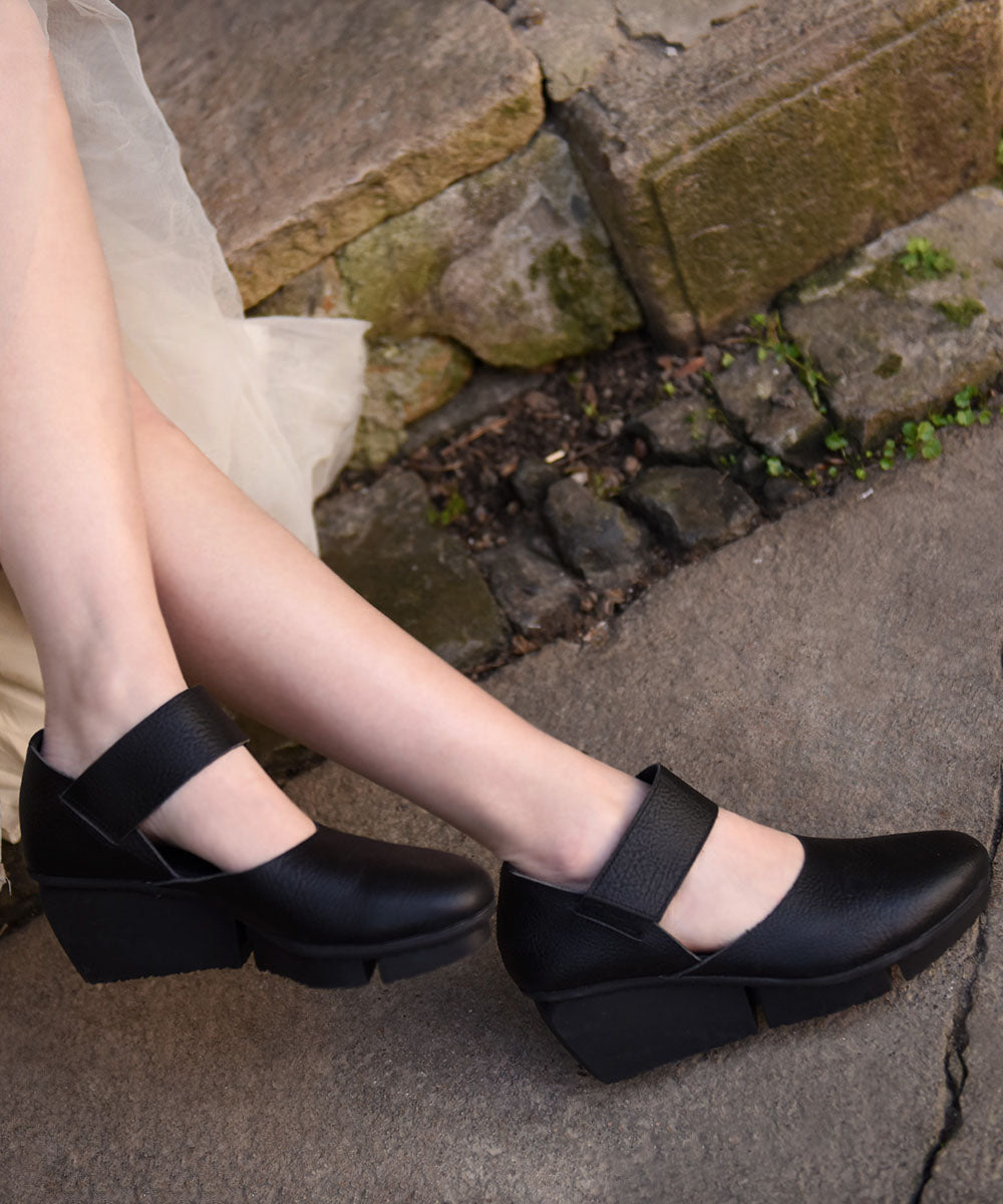 Coffee Heels Strap Buckle Splicing Sandals Leather Cowhide Wedge