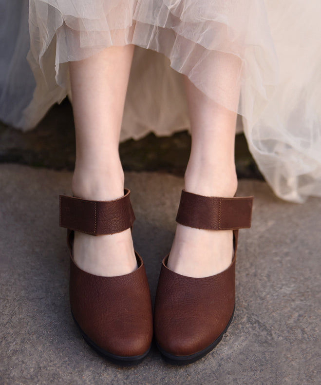 Coffee Heels Strap Buckle Splicing Sandals Leather Cowhide Wedge