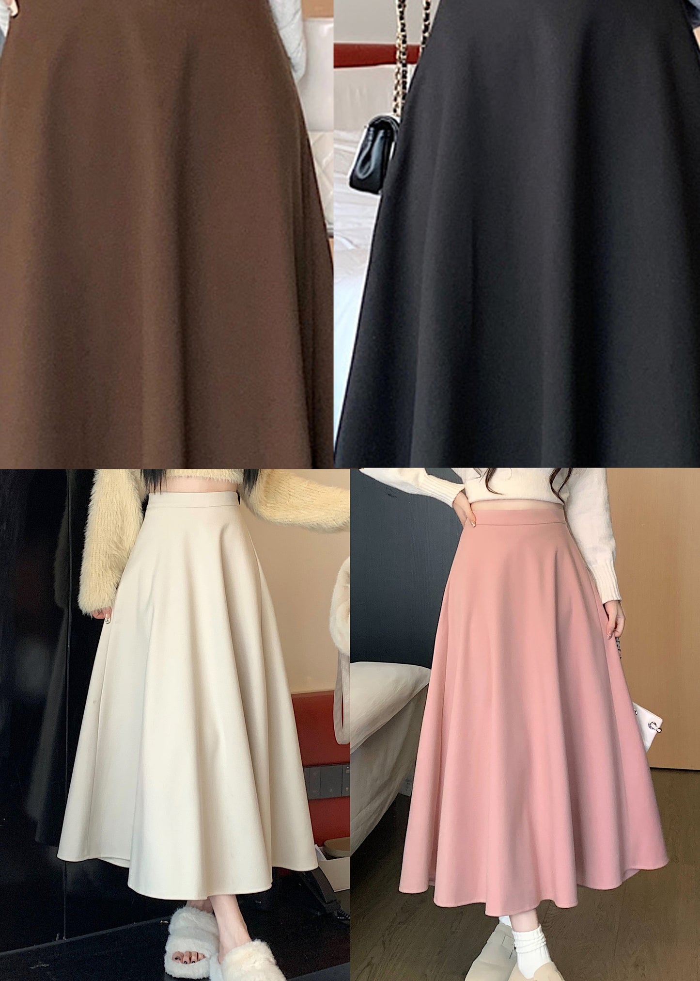 Coffee High Waist Elastic Waist Wrinkled Skirts Spring QQ1014