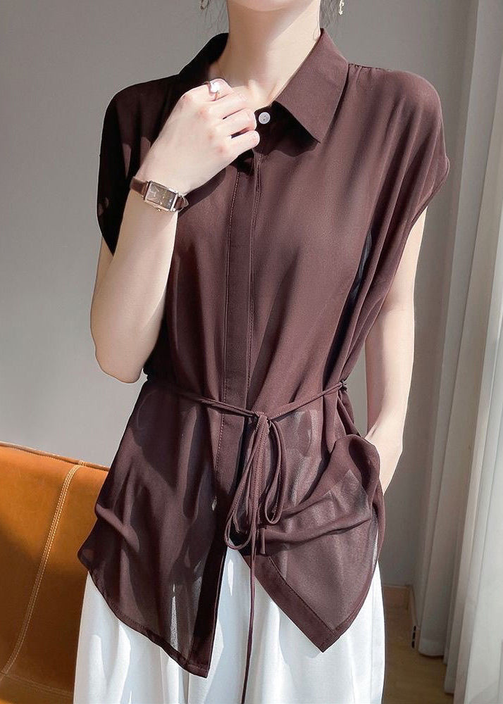 Up Coffee Chiffon Solid Lace Collar Peter Pan Blouses