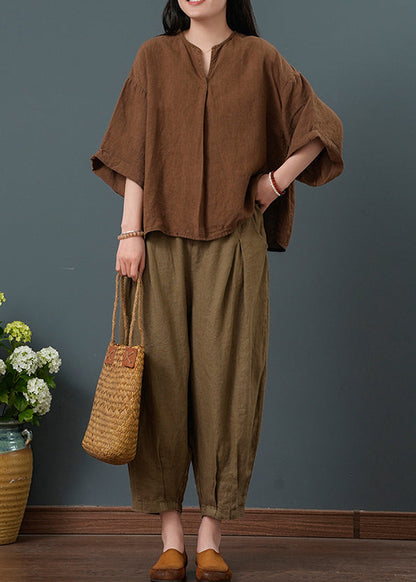 Linen Two Piece Bracelet Sleeve Suit Coffee Oversized Set
