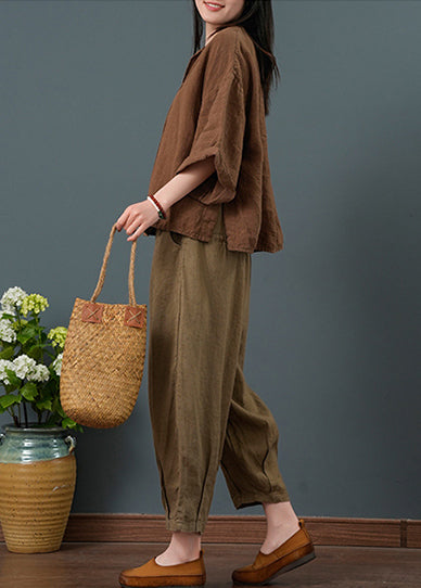 Linen Two Piece Bracelet Sleeve Suit Coffee Oversized Set