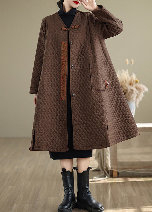 Coffee Pockets Fine Cotton Filled Women Retro Coats V Neck Winter RU019