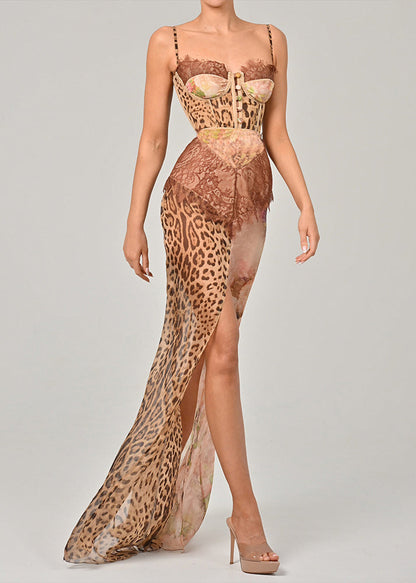 Spaghetti Coffee Open Lace Sleeveless Patchwork Chiffon Side