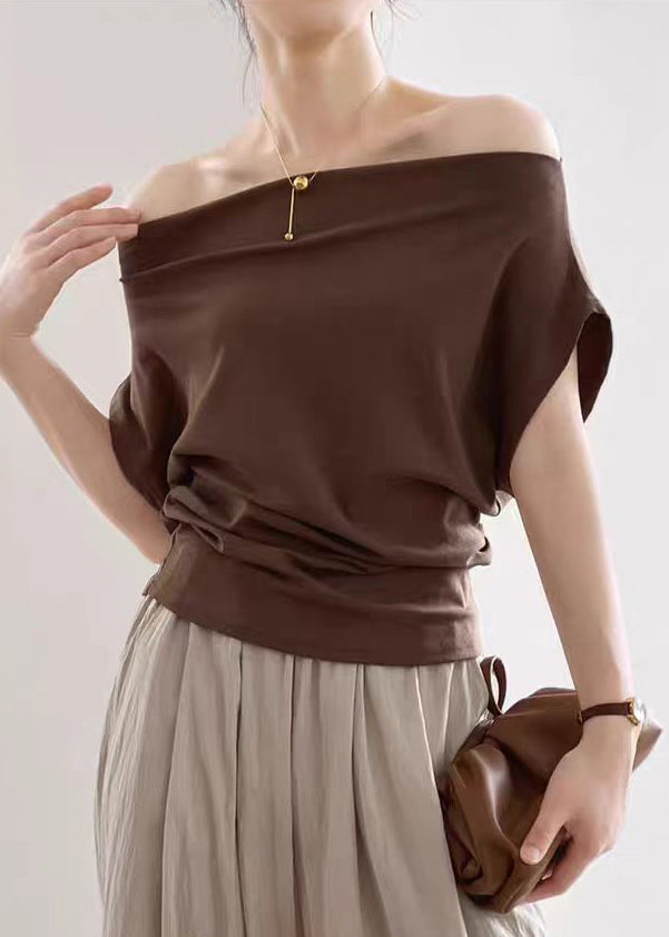 Coffee Solid Cold T Shirts Summer Shoulder Cotton