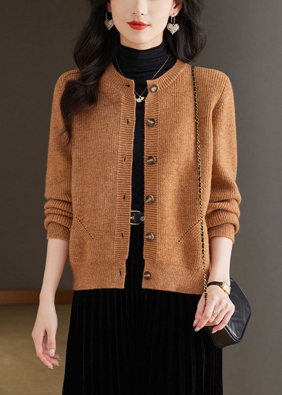 Coffee Solid Cozy Knit Fall Cardigans O Neck QS002