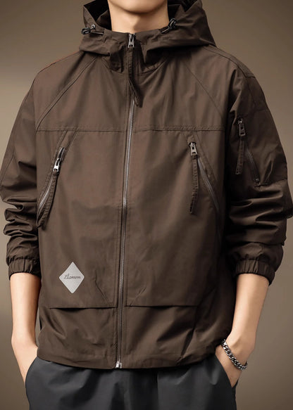 Spring Coffee Cotton Hooded Coats Drawstring Zippered Mens