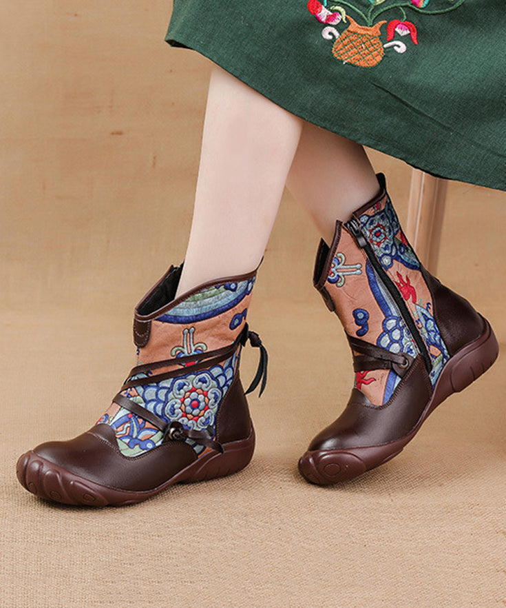 Comfortable Splicing Boots Black Retro Print Cowhide Leather RD017
