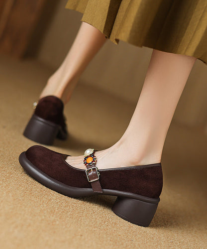 Strap Suede Buckle Chunky Heel Comfortable Brown Splicing