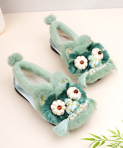 Comfortable Splicing Flat Shoes Green Cotton Fabric Fuzzy Wool Lined TQ040