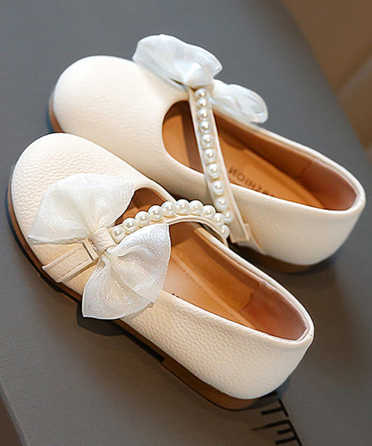 Comfy Beige Kids Leather Buckle Flats Nail Bead Girls Bow Faux