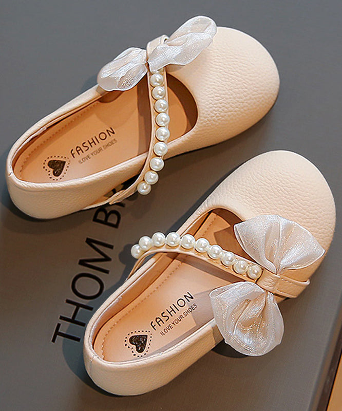 Comfy Beige Kids Leather Buckle Flats Nail Bead Girls Bow Faux